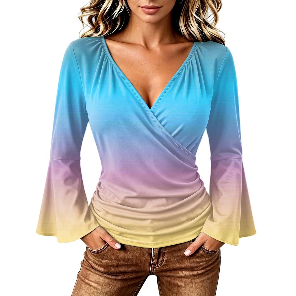 Women's Casual V Neck Long Sleeve Gradient Print Top