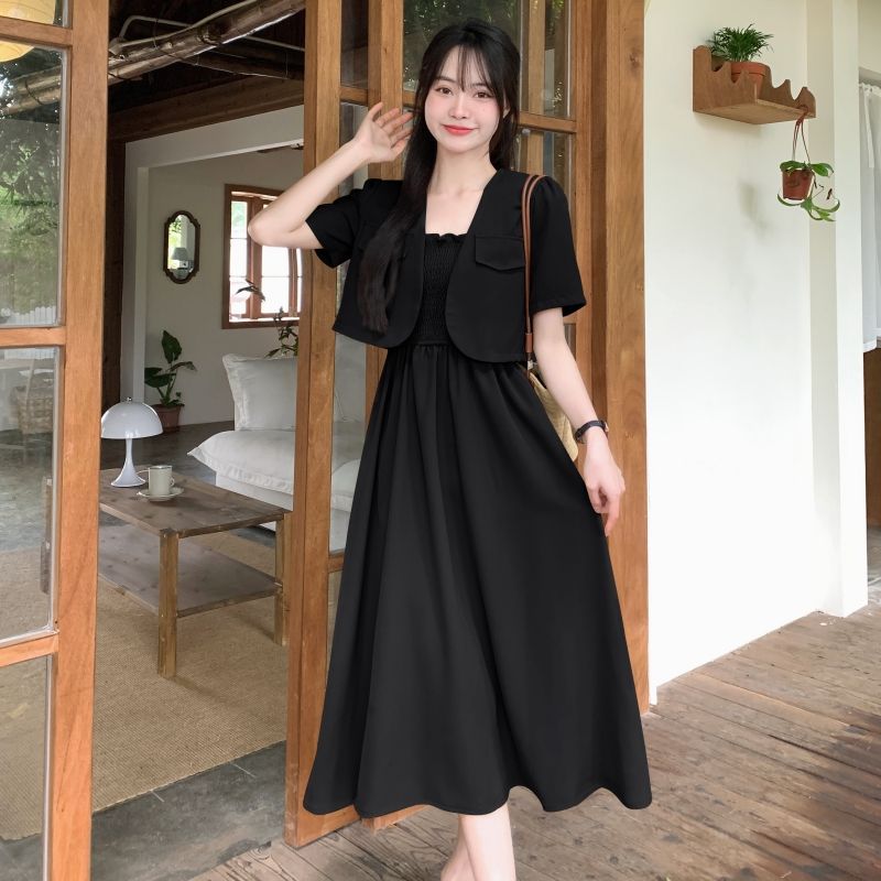 

2023 Лето Новинка Большой Размер Большой Размер Женский Костюм Пальто Платье Комплект из двух предметов Короткий Рукав Приталенный Костюм Юбка на Подтяжках для Женщин Black 2XL