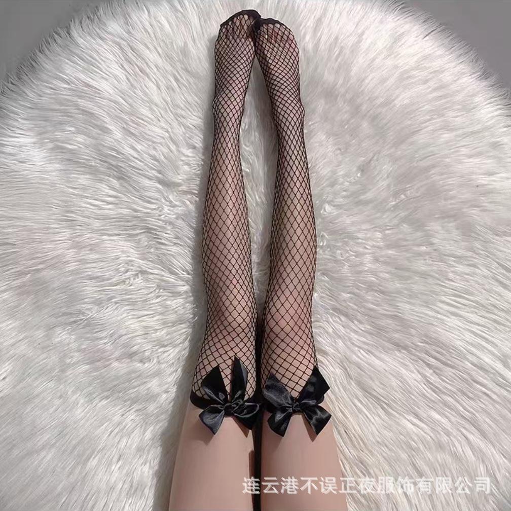 Sexy underwear women's sexy bow fishnet socks stockings medium and large mesh black stockings stockings one piece of net socks