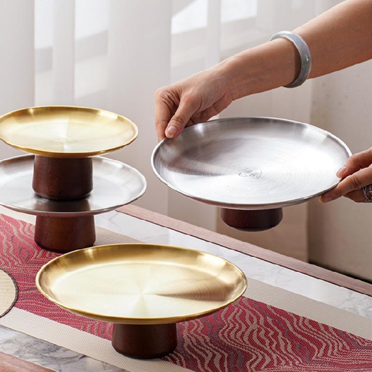 Stainless Steel High Footed Cake Storage Tray Appetizer Platter Fruit Display Plate Household Wood Base Snacks Pans