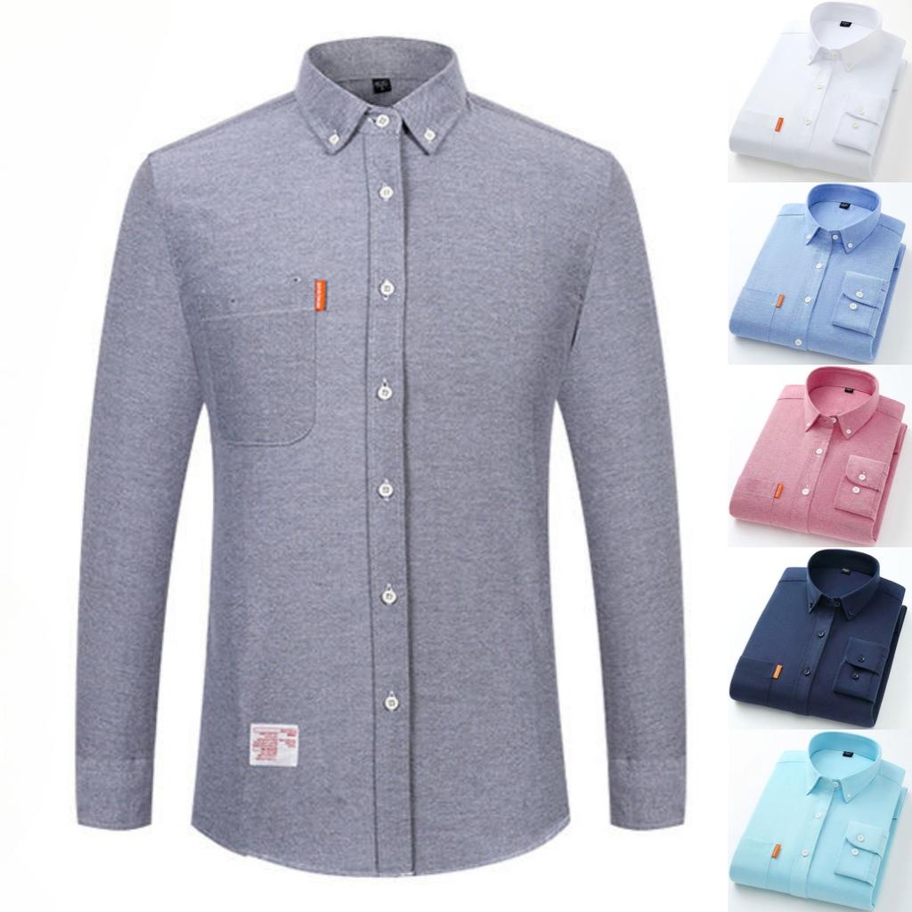 Men's Shirt  Fashionable and Comfortable Slim Fit Plus Size 5XL Long Sleeved Shirt Business Solid Color 100% Oxford Cotton with Pockets