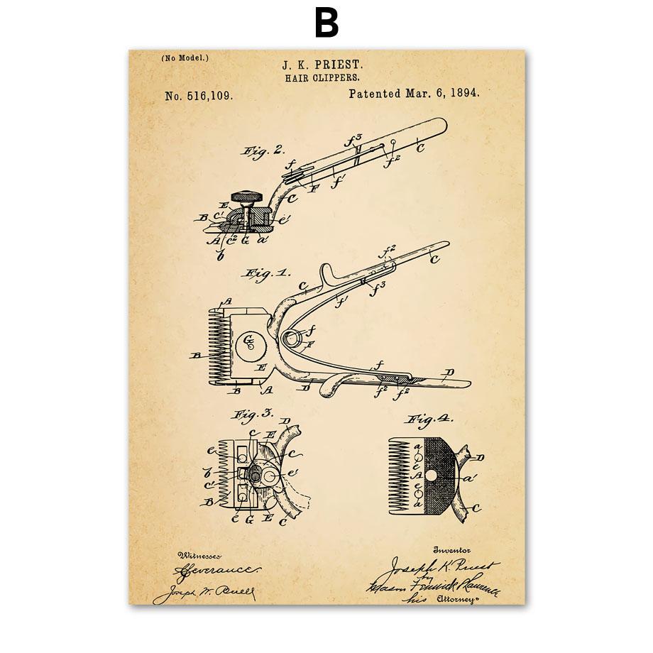 Hairdresser Shop Patent Wall Art Canvas Painting Hair Clippers Scissors Dryer Posters And Prints Art Mural Living Room Decor