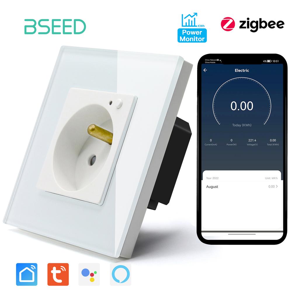 BSEED French Zigbee Socket Wall Smart Sockets Power Monitor Function Tuya Smart Life Google Alexa Voice Control Glass Panel 16A