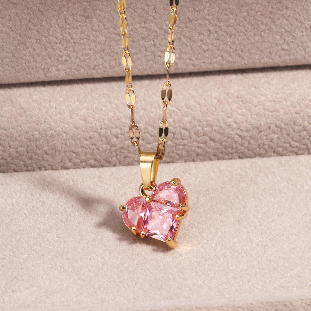 Shiny Gold Color Stainless Steel Y2K Jewelry Love Pink Heart Exquisite Fashion Niche Necklace Wedding Clavicle Chain Gift