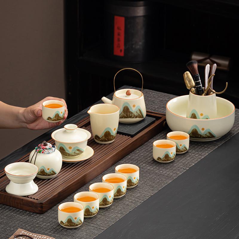 Ru kiln Qingshan Kung Fu tea set light luxury teapot household set ceramic retro high-end tea cup complete set