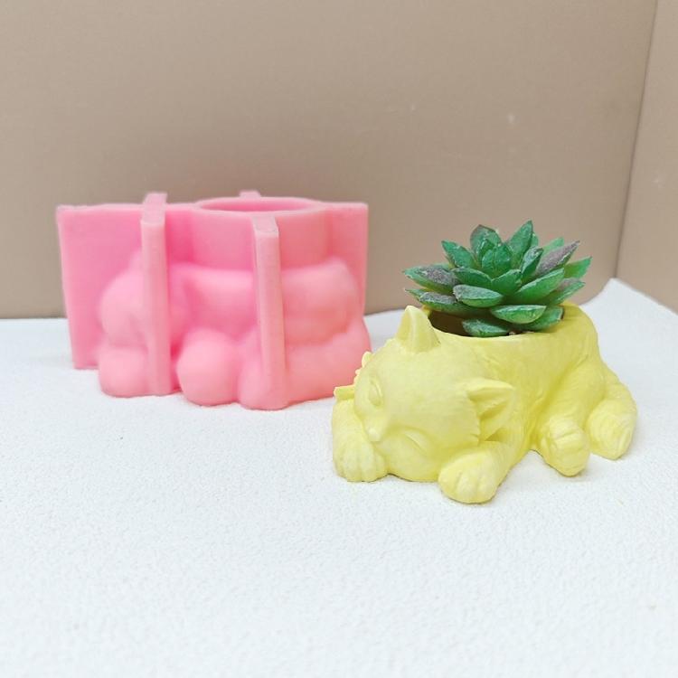 Cute Succulents Silicone Mould Sleep Cats Flower Pots Resins Mould Candle Molds