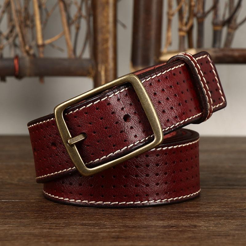 Belt Men's Retro Casual Cool Trendy All-Matching Hollow First Layer Cowhide Pin Buckle Genuine Leather Jeans Belt Men's