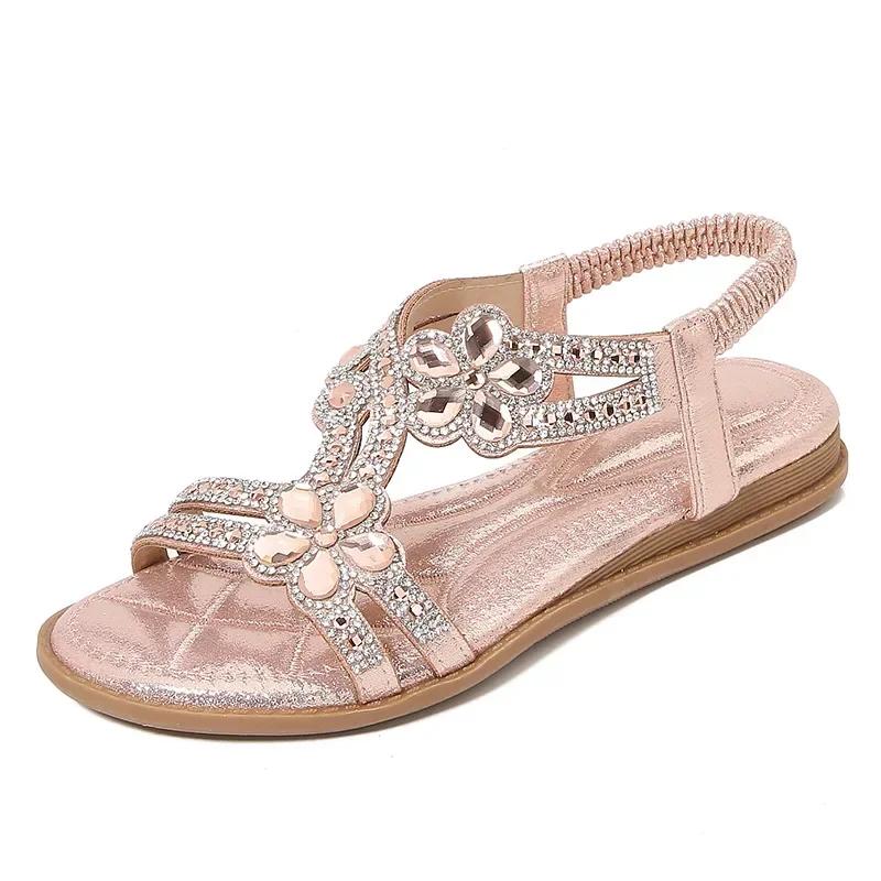 2026 Women Flat Rhinestone Sandals Bohemian Sandals Summer New Non Slip BeachElastic Low Heels Roman Sandals
