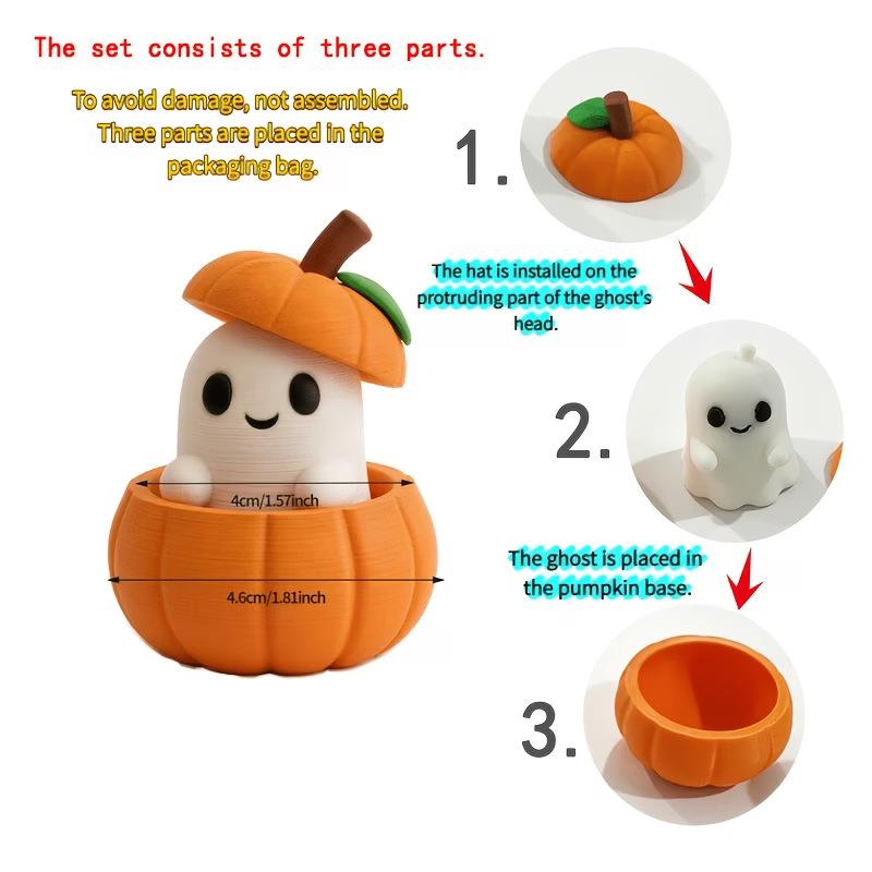 Set Includes a Pumpkin Base,Ghost,And Hat-Creative 1D-Printed Halloween Pumpkin Spirit Figurine.Perfect As a Desktop Decor Piece