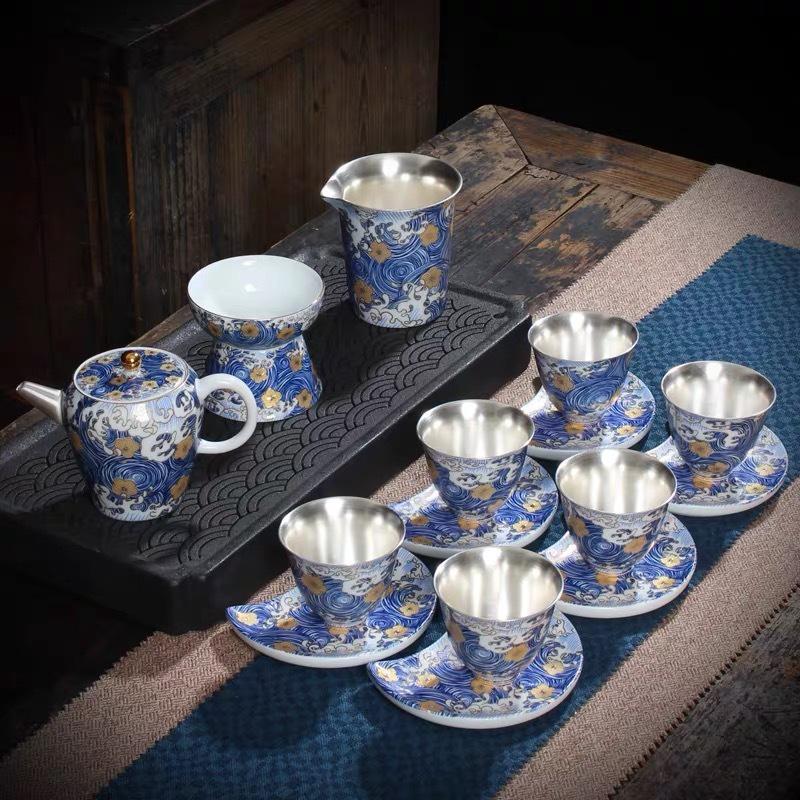 Silver-Plated Ceramic Kung Fu Tea Set: Complete Home Gift Box with Tea Cups and Pot