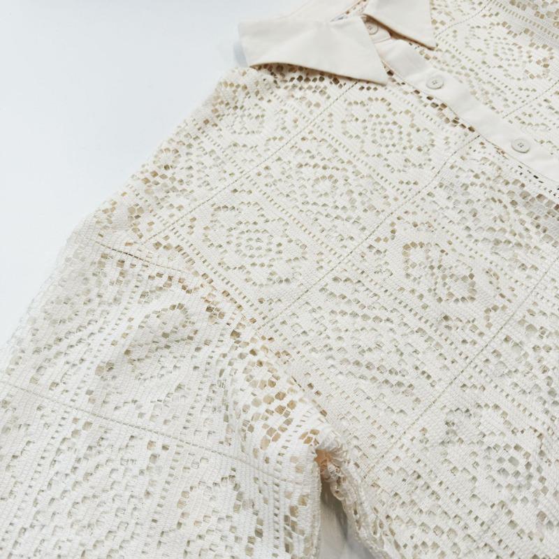 Móda Vintage Elegantní Vyšívané Krajkové Košile Dámské Dlouhý Rukáv Volné Ležérní Dámské Halenky Léto Jednobarevné Zapínání na Knoflíky Košile Topy Dámské Oblečení 26263