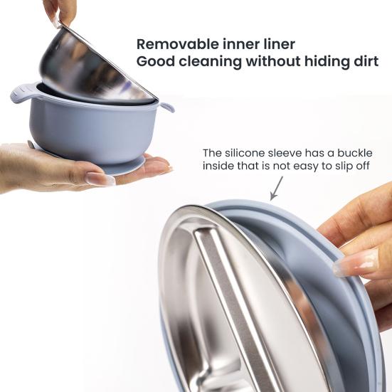 Divided Dining Plate with Suction Cups Stainless Steel Baby Plates Toddler Meal Tray Non-Slip Silicone Cover Heat-Insulated Feeding Tray