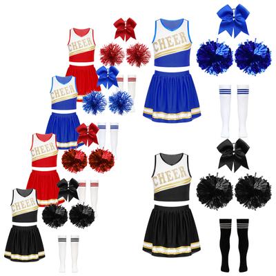 Kinder Mädchen Cheerleading Set mit Crop Top Rock Kopfschmuck Handblumen Socken Ärmellos V-Ausschnitt Buchstabenprint