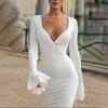 Women's Autumn and Winter Solid Color Low Neck Sexy Long Sleeve Ruffle Dresses