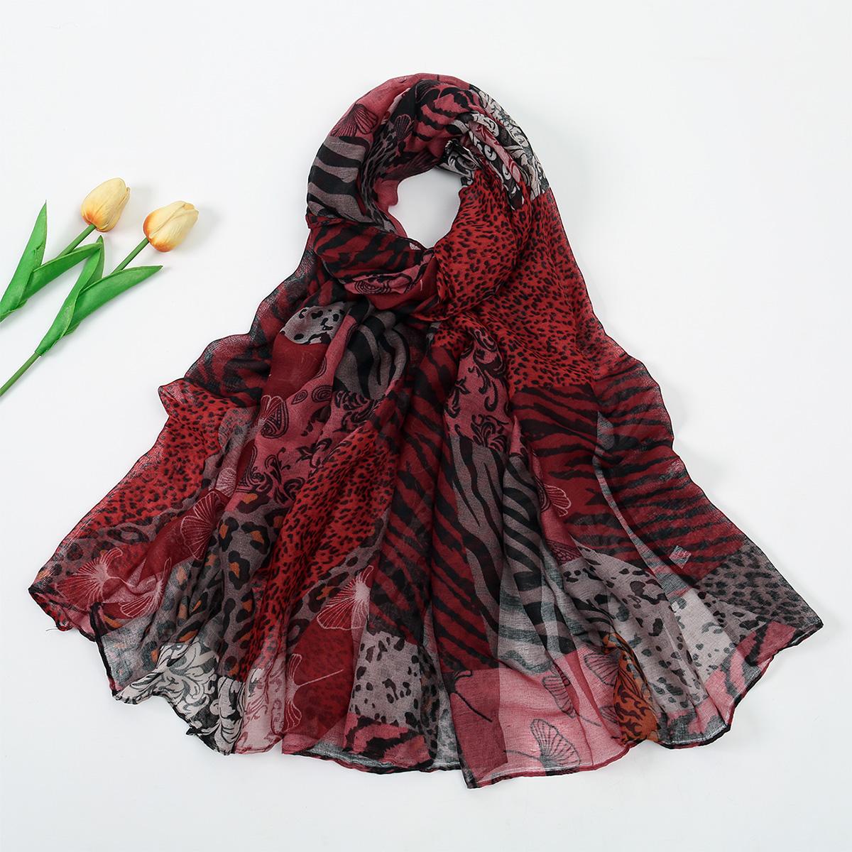 Шифоновый Хиджабный Шарф с Леопардовым Принтом Женский Мягкий Хлопково-Вискозный Шарф Роскошные Шали с Цветочным Принтом Летнее Пляжное Полотенце