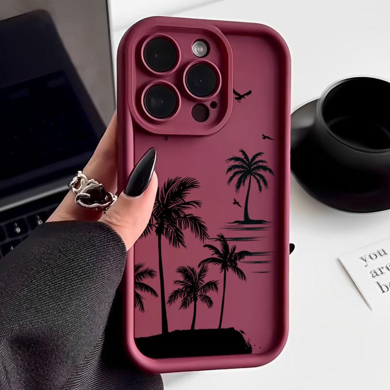Coconut Tree Pattern Matte Phone Case For iPhone 16 Pro Max 15 Pro 14 13 12 11 Lens Protection Shockproof Soft TPU Bumper Cover