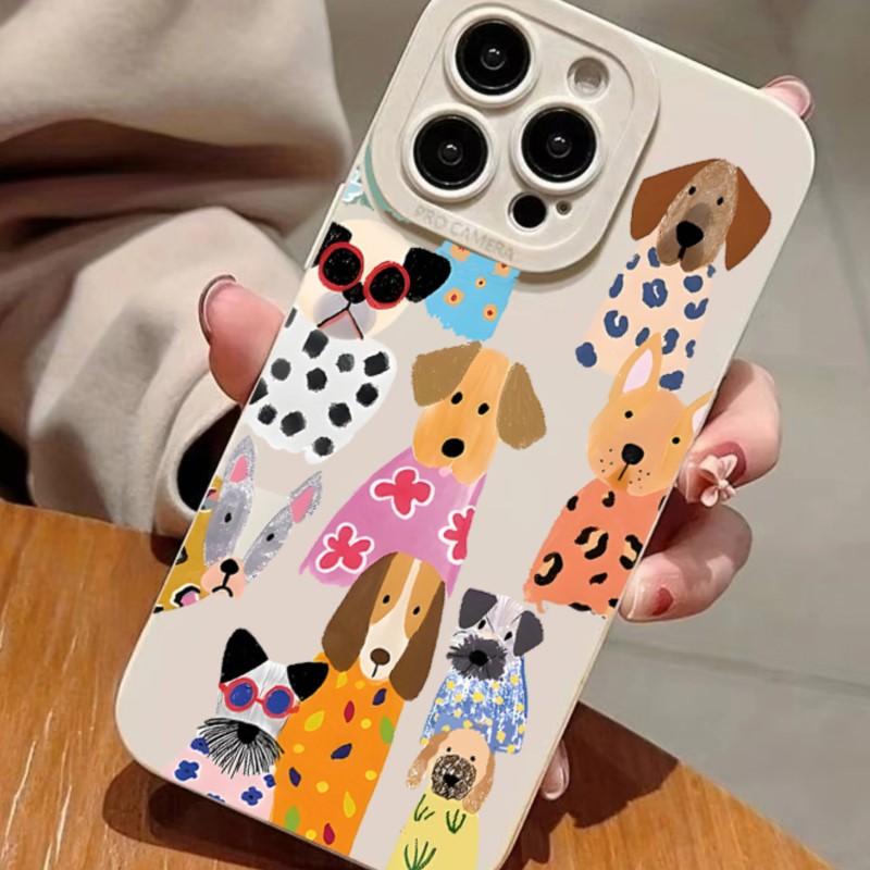 Cute Hand-Painted Dog Collection Phone Case for iPhone 17 16 15 14 13 12 11 Series Pro Max Plus Double Layer Protection
