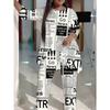 Newspaper Print Two Piece Outfit Women Long Sleeve Irregular Hem Tunic Top Wide Leg Pants Casual Matching Set