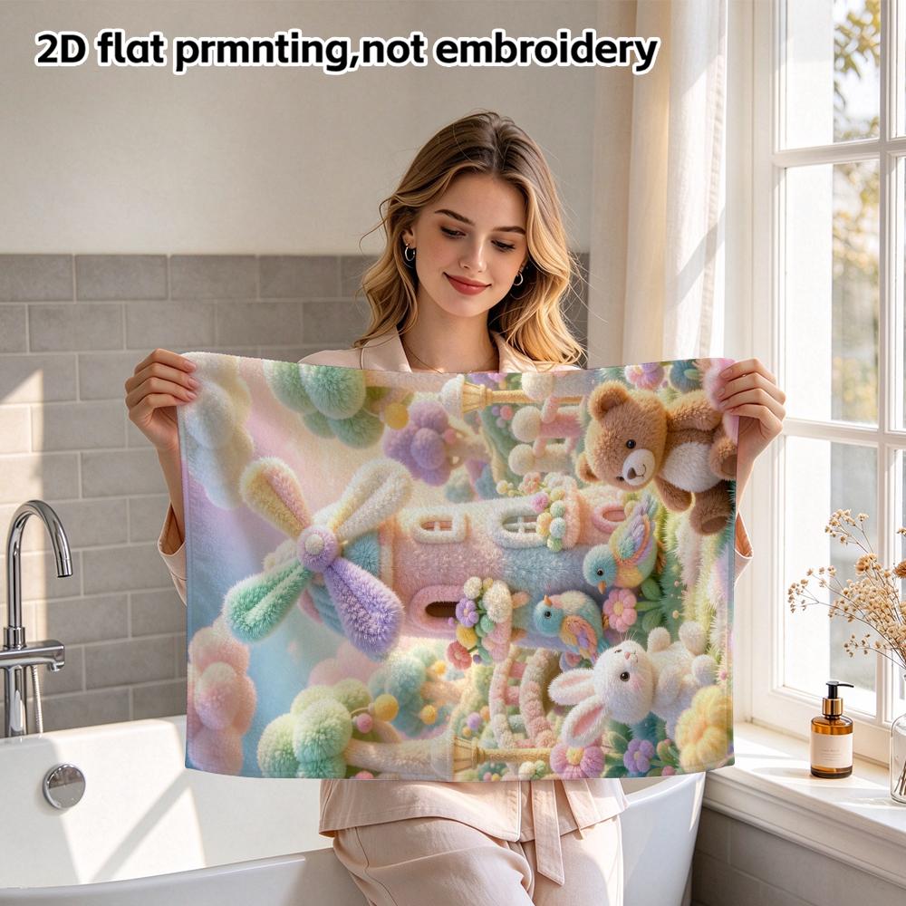 Pastel Fuzzy Windmill Garden Towel, Soft Absorbent Bath Towel, Bunny Bear Bird Floral Print, Quick Dry Decor Hand Towel
