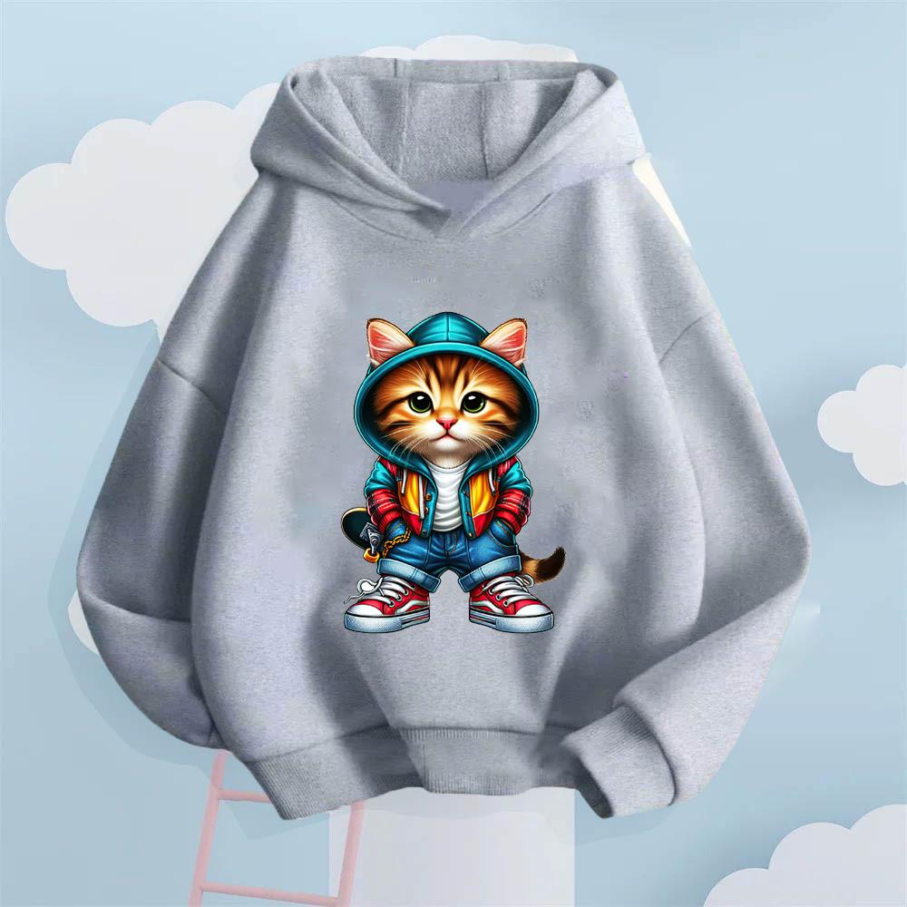 2025 Autumn/Winter Cool Skateboarding Cat Printed Children's Hoodie, Girls' Fashion Versatile Sportswear