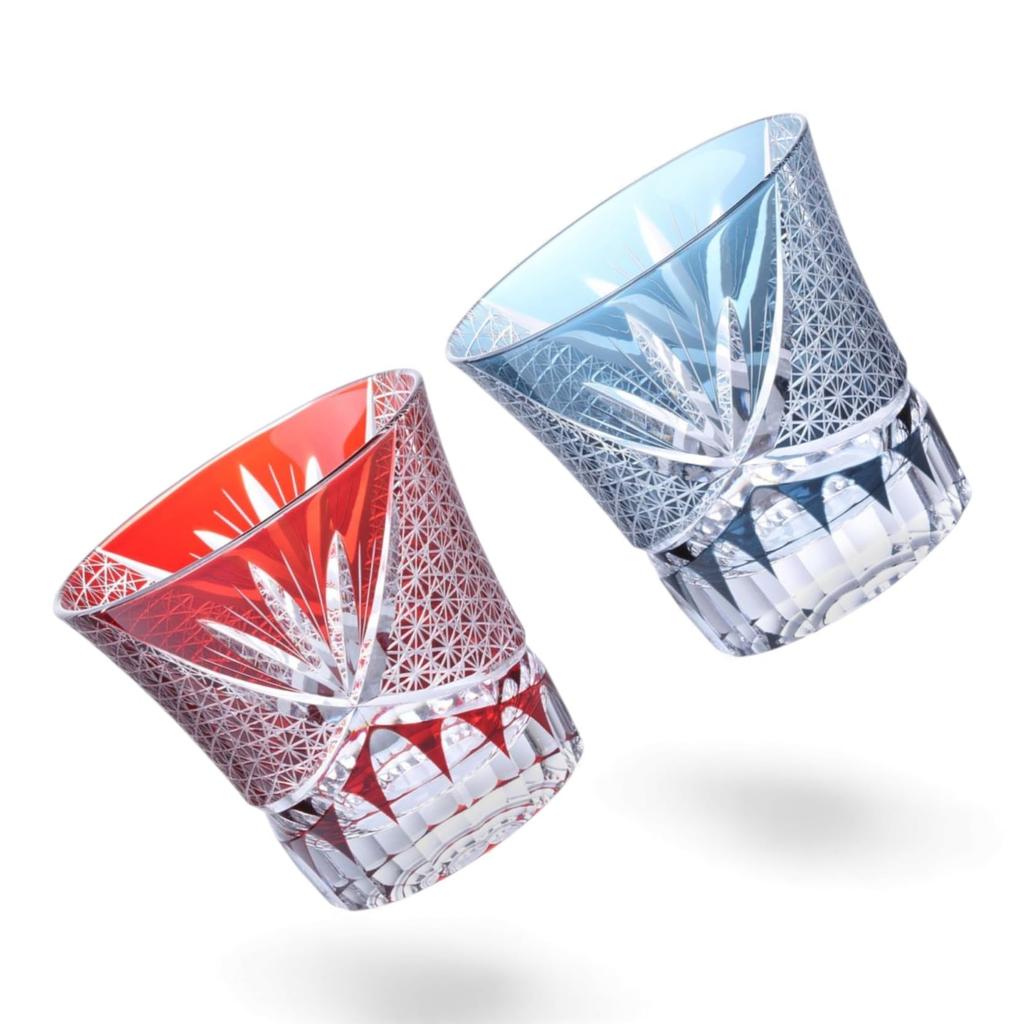 Dinner Luxe Cut Glass Pair Cups 240cc Orchid Carving Small Pattern Red Ink Blue Kouga Takumi-fu 90xH85mm & PNO.333842