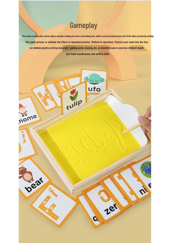 Montessori Wooden Sand Tray with English Letter Tracing Cards for Early Education & Word Recognition