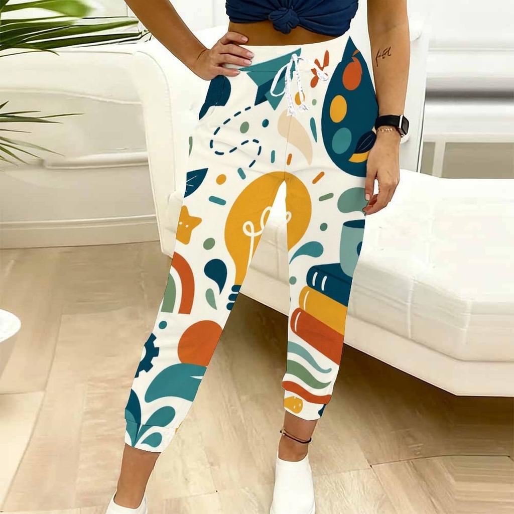 Women Plus Size Cartoon Printed Jogger Pants Drawstring Waist Side Pockets Cuffed Ankle Casual Trousers