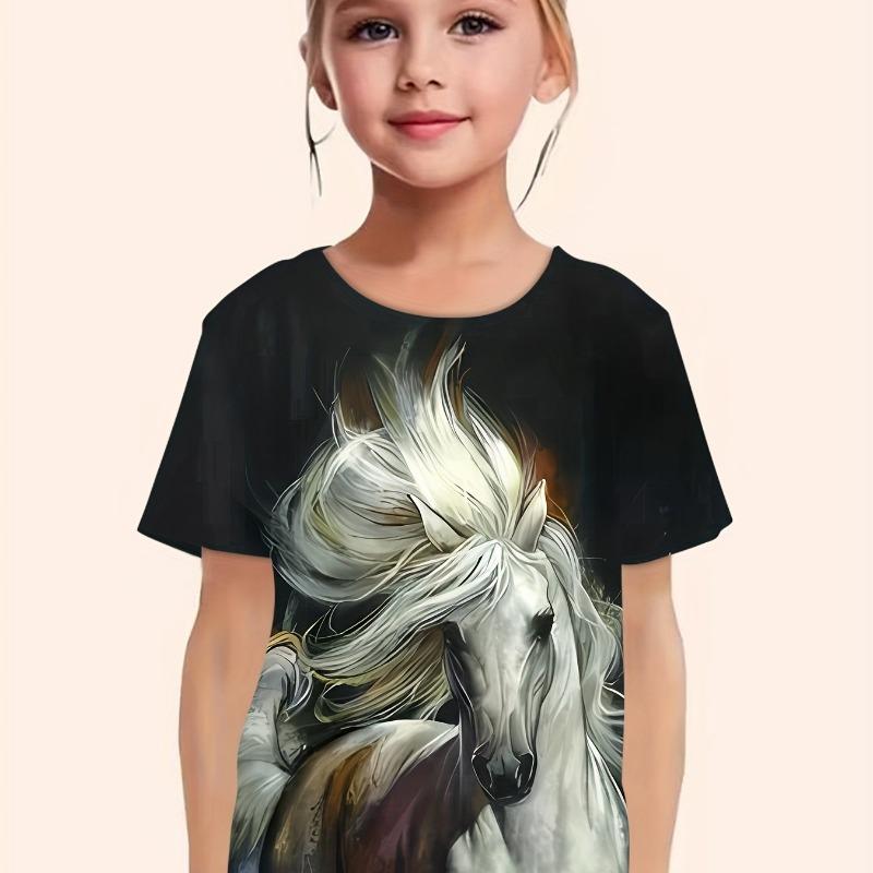 Children's Clothing Girl Clothes Short Sleeve Girl Casual Vintage Horse Print Kids Summer Clothes