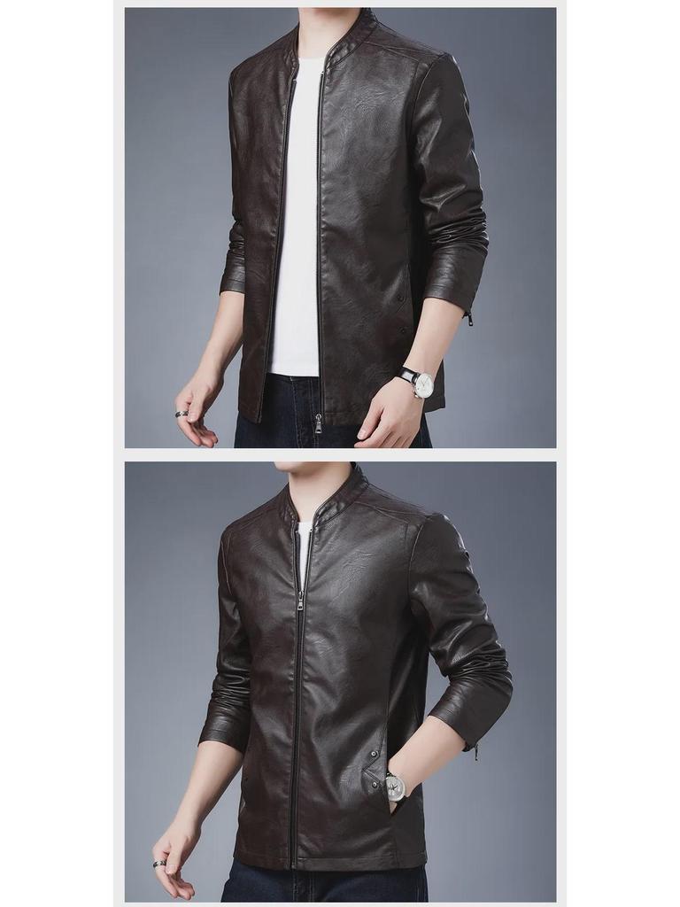 Men's Korean Style PU Leather Stand Collar Jacket - Autumn/Winter Fashion Motorcycle Jacket