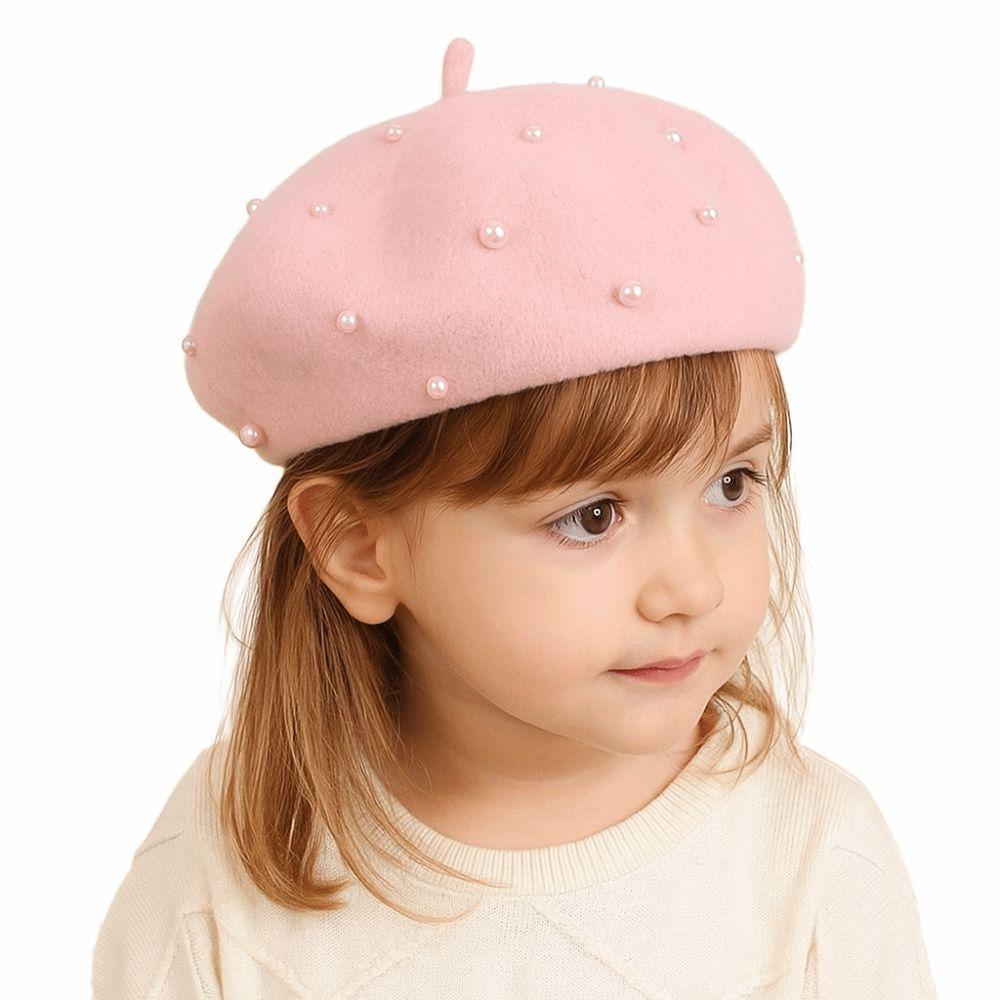 Solid Color Children's Beret Pearl Painter Hat Fashion Baby Wool Hat Kid