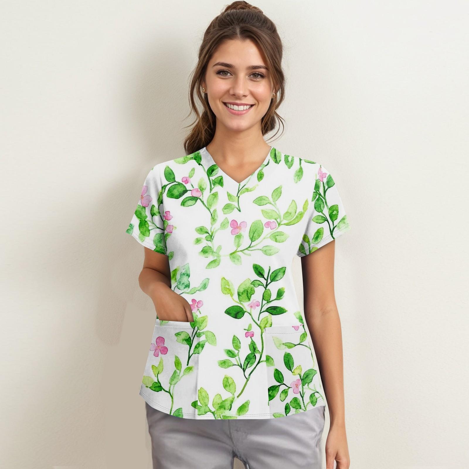 

Женская мода с v-образным вырезом, короткими рукавами и карманами, топы с принтом XXXXL зелёный