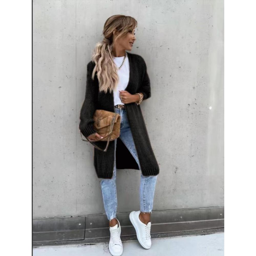 Neuer einfarbiger mittellanger Strick-Cardigan-Pullover für Damen im Herbst und Winter