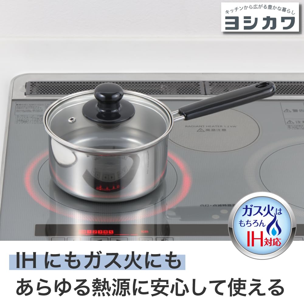 Yoshikawa Cook Look Basic Single-handed Pot 16cm 1.8L For Both IH and Gas Fires Glass Lid Stainless Steel Tsubame-Sanjo Made In Japan SJ3770