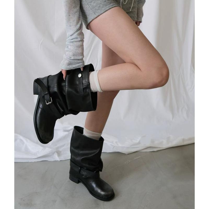 Western Cowboy Boots Women's Pleated Pile Boots Black Round Head Vintage Leather Boots Thick Heel Knight Boots