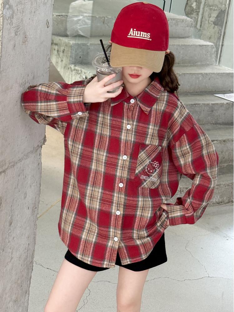 Girls' Plaid Long-Sleeve Shirt Jacket for Autumn 2025 - Fashionable Spring Top for Big Kids