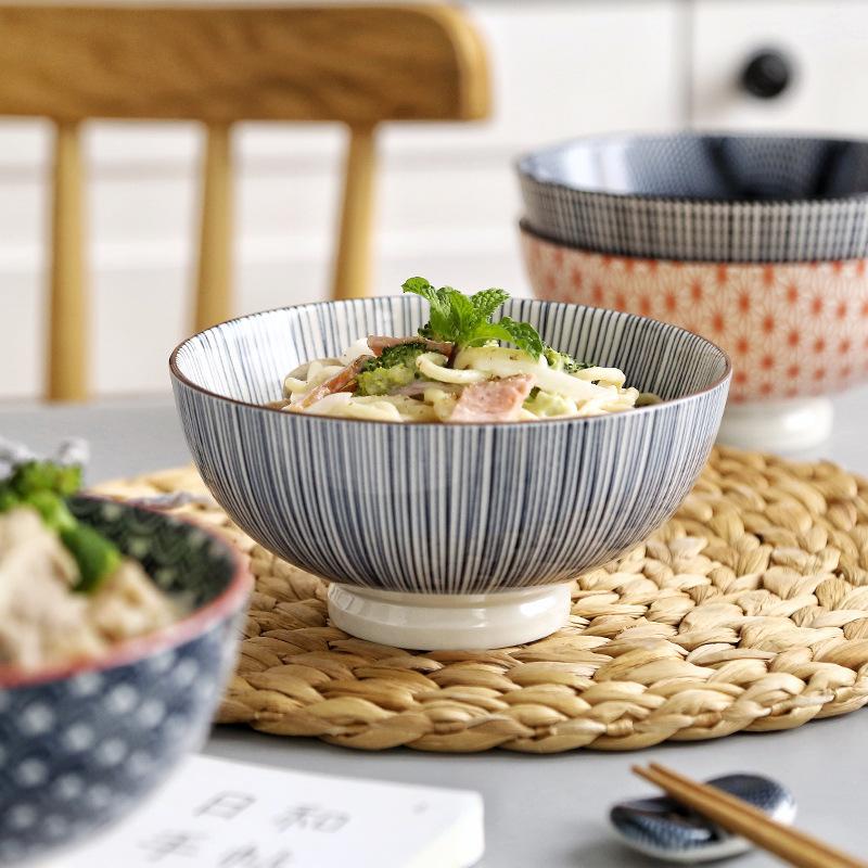 Japanese 6 Inch Noodle Bowl Ceramic Underglaze High Foot Salad Bowl for Home Ramen