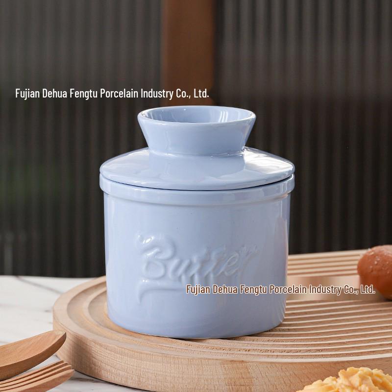Ceramic Butter Dish with Embossed Logo - Blue Lid Set for Butter, Cheese, and Tallow Storage