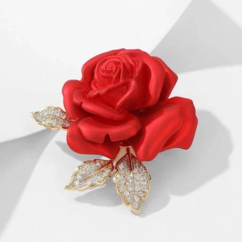 Rhinestone Red Rose Flower Brooches for Women Elegant Flower Bouquet Bowknot Lapel Pins Wedding Party Badge Jewelry