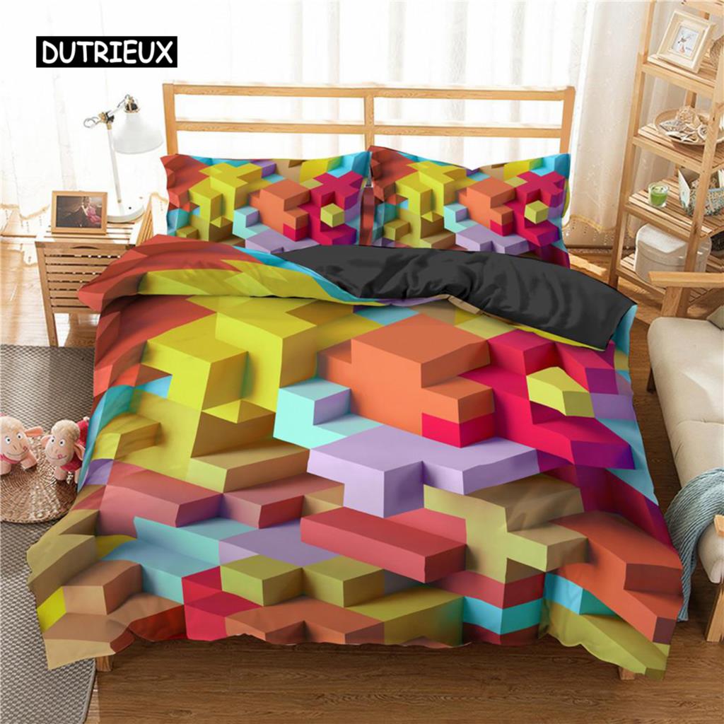 Toy Print Duvet Cover Set Square Gradient Blocks Bedding Set for Kids Teen Colorful Bricks Game Queen Microfiber Comforter Cover