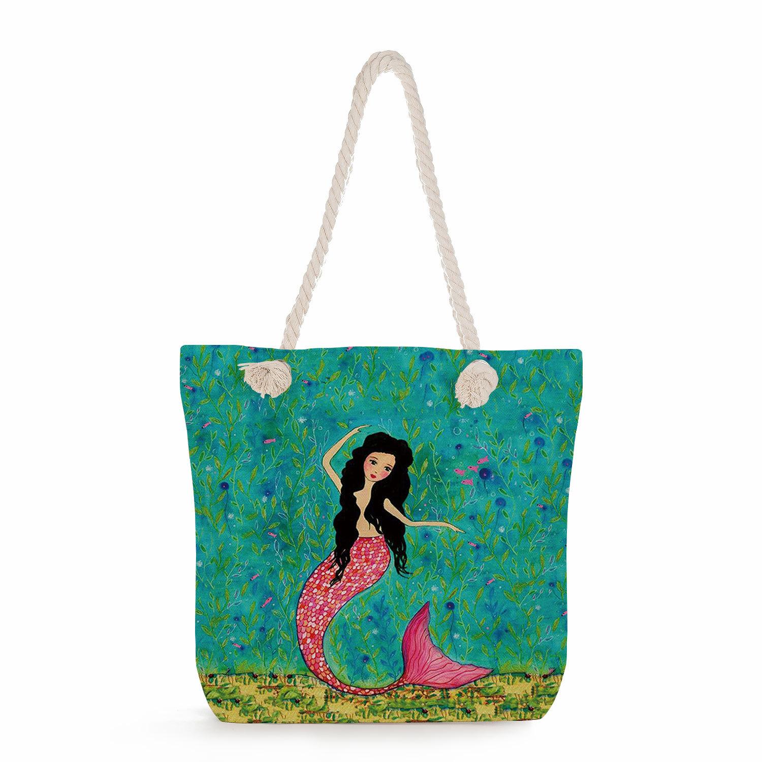 

Mermaid print thick rope single-shoulder beach bag 7292 KTB