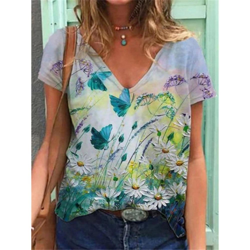 Summer Fashion 3D Floral Print Women's Loose V-neck Short Sleeved T-shirt
