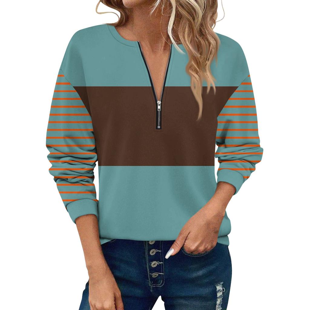 Women Casual Long Sleeve Basic Quarter Zipper Color Blocking Pullover Sweatshirts Casual Top Fall Clothes