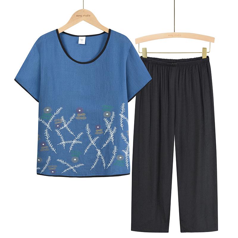 Seturi de vară din bumbac și in, din două piese, pentru femei cu vârsta între 60-70 de ani - Mânecă scurtă