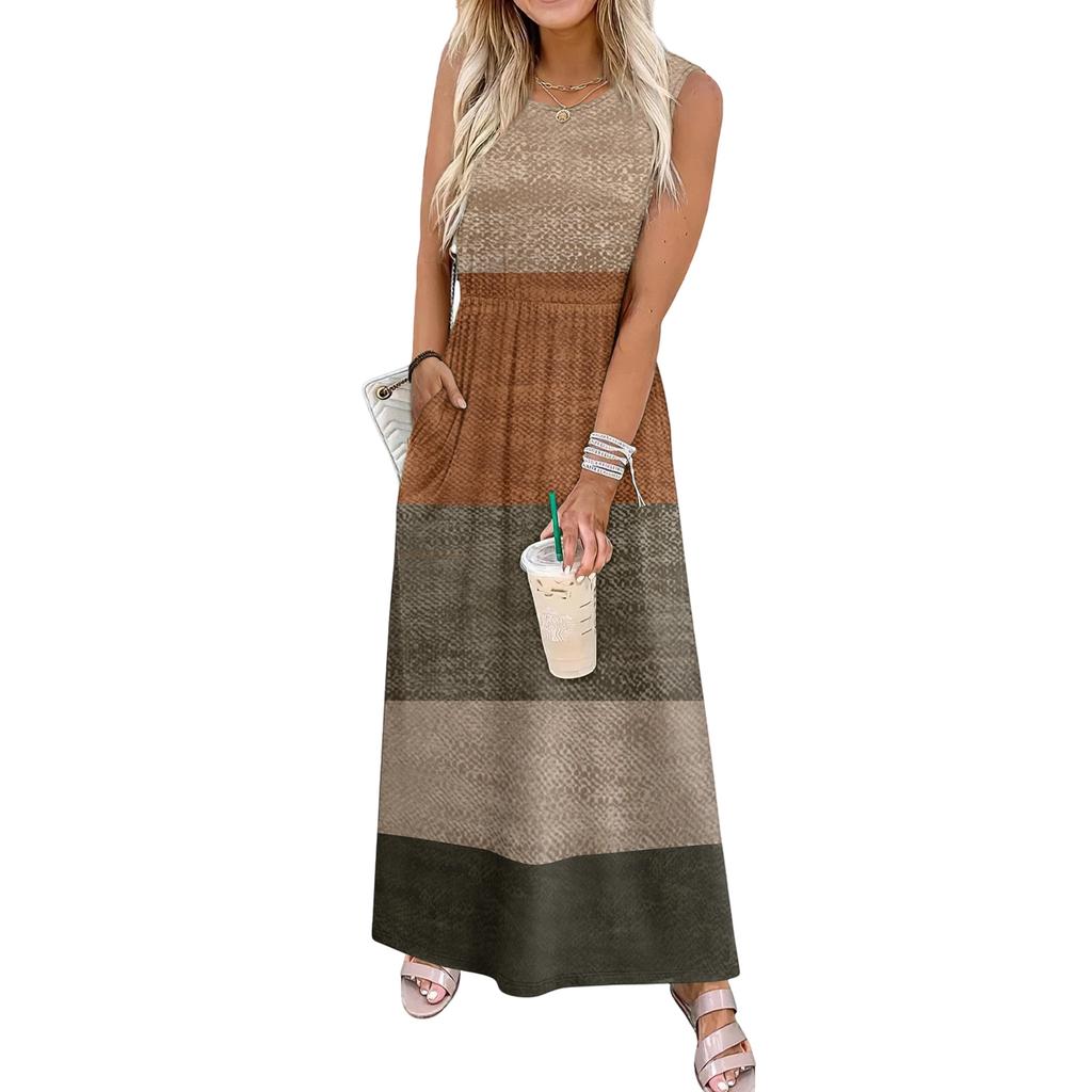 Ladies' Plaid Printed Casual and Fashionable Waist Cinched Sleeveless Dress