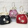 Satin Silk Hanfu Drawstrings Bag Mommy Bag Floral Bucket Bag Embroidery Flower Handbag  Shopping