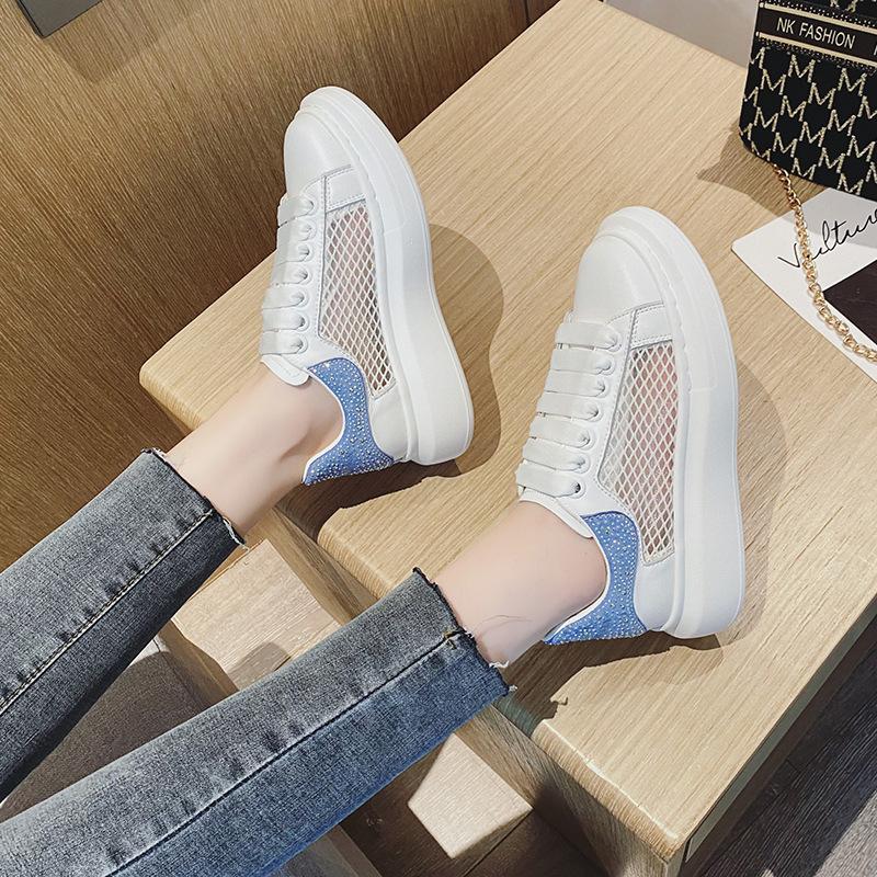 Women's leather shoes new single shoes mesh breathable rhinestone versatile sports and leisure board shoes pastel