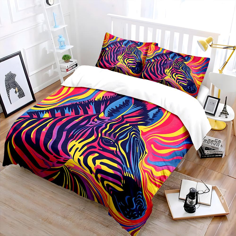 Vibrant Zebra Artwork Pattern Duvet Cover Set Digital Print Colorful Polyester Bedding With Zipper Closur For Kids Gifts