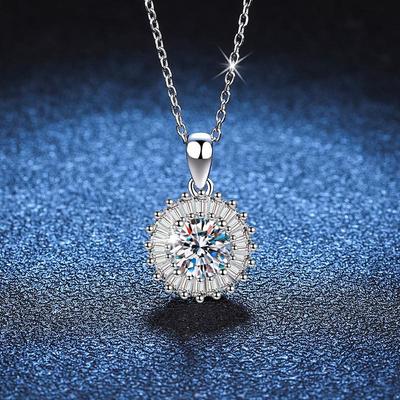 925 Sterling Silver Moissanite Pendant Necklace: Square Full Diamond Luxury Clavicle Chain, 1 Carat.