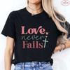 Women's Christian Faith T-Shirt 'Love Never Fails' Retro Color Block Cross Print Tee Casual Short Sleeve O Neck Tops for Church
