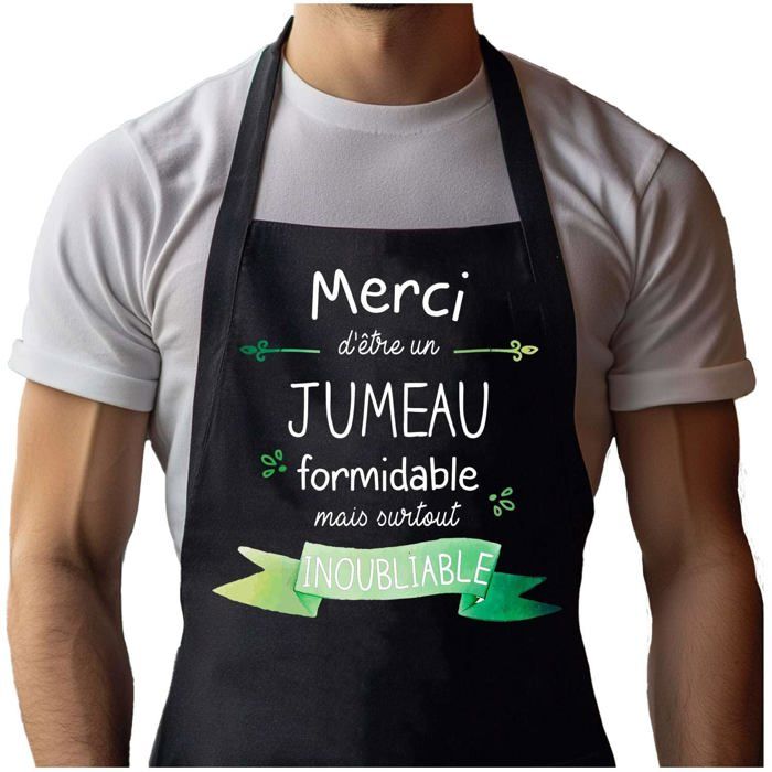 Tablier de cuisine - Merci Jumeau Inoubliable Homme - Coton noir - Impression bretonne - Liens ajustables